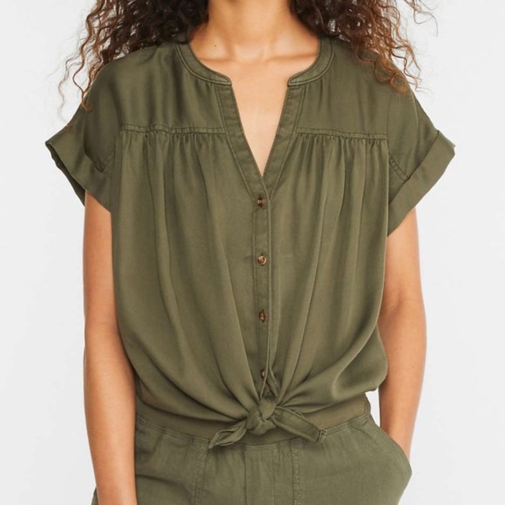 LOFT Lou & Grey Olive Green Fluid Twill Tie Front Short Sleeve Shirt Top